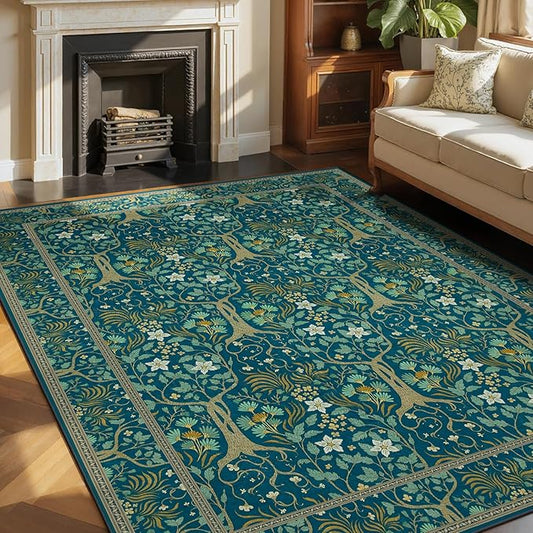 Joydeco Washable Large Area Rug 8x10, Boho Floral Rugs for Living Room Non Slip, Soft Low-Pile Botanical Forest Indoor Floor Throw Carpet for Dining Home Office Playroom, Dark Blue