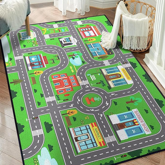 Play Rug for Playroom 2x3 Car Mat Town City Road Map for Boys Bedroom Fun Car Play Area Carpet Non-Slip Washable