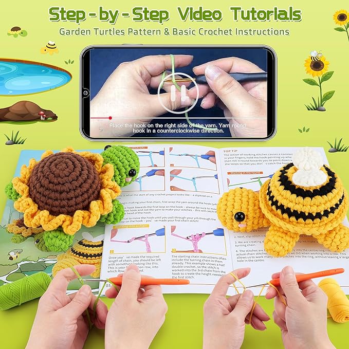 Crochet Kit for Beginners, Crochet Animal Kit with Step-by-Step Video Tutorials, 2PCS Bee and Sunflower Turtles Crocheting Kit for Adults Kids, Easy Yarn for Starter, Stuffed Animal Knitting Kit