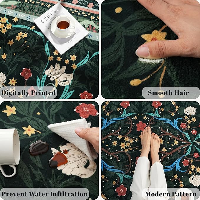 Runners for Kitchen Runner Rug Non Slip 2'x10' Long Washable Rugs with Rubber Backing Soft Vintage Floral Botanical Carpet Runner for Kitchen, Laundry, Bedroom, Bathroom, Green