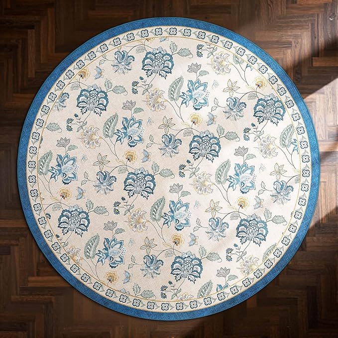 jinchan 8ft Floral Round Rug for Dining Room Washable Living Room Rug Vintage Romance Design Non Slip Indoor Floor Cover Lightweight Low-Profile Throw Carpet for Bedroom Porch Patio, Blue/Beige