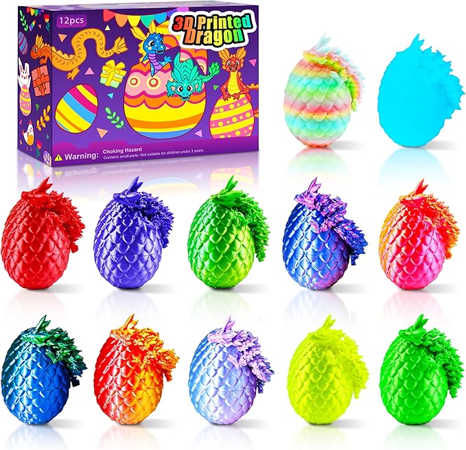 12PCS 3D Dragon Eggs with Dragon Inside, Easter Basket Stuffers Mini Easter Egg Set Articulated Unique Easter Basket Essentials for Adults Kids