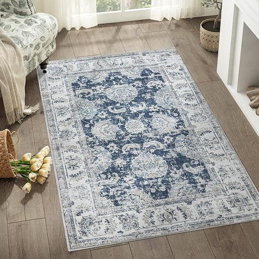 jinchan Floral 3x5 Area Rugs for Entryway - Machine Washable Taupe Vintage Distressed Design Doormat Non-Slip Ultra-Thin Low Pile Boho Rug for Kitchen Living Room Bedroom Farmhouse (3‘x5',Dark Blue)