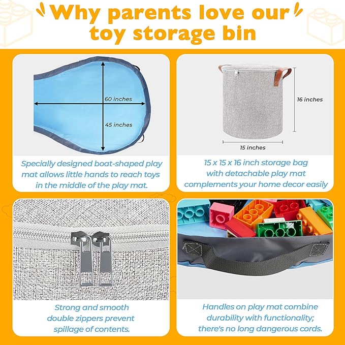 SAM AND MABEL XXL Toy Storage Organizer with Play Mat – 15" x 15" x 16" Storage Bin for Kids Playroom, Foldable Fabric Bag and Basket for Nursery (Gray)