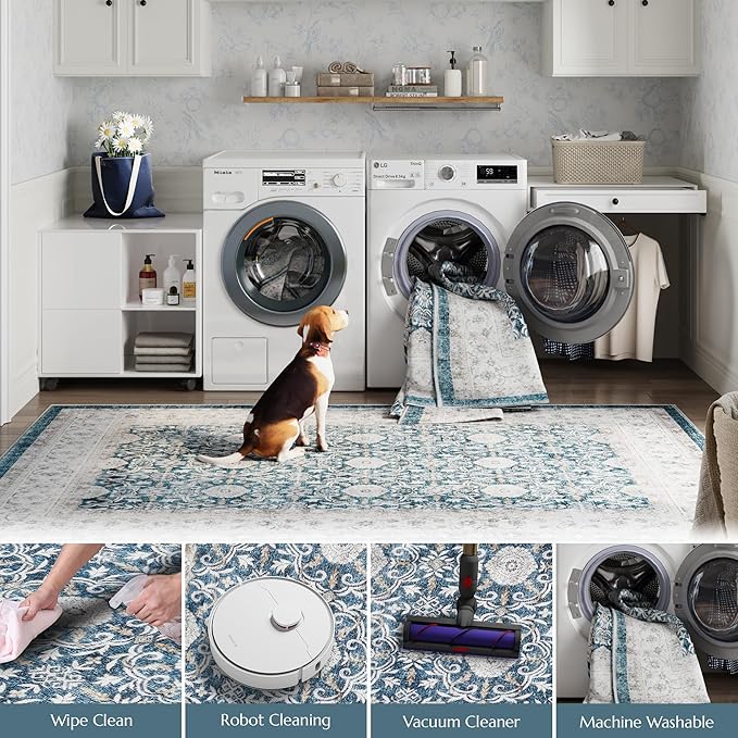 jinchan Floral 6x9 Area Rugs for Living Room - Machine Washable Vintage Distressed Boho Design Throw Rug Stain Resistant Carpet Low-Pile Thin Non-Slip for Bedroom Dining Room Nursery (6‘x9',Dark Blue)