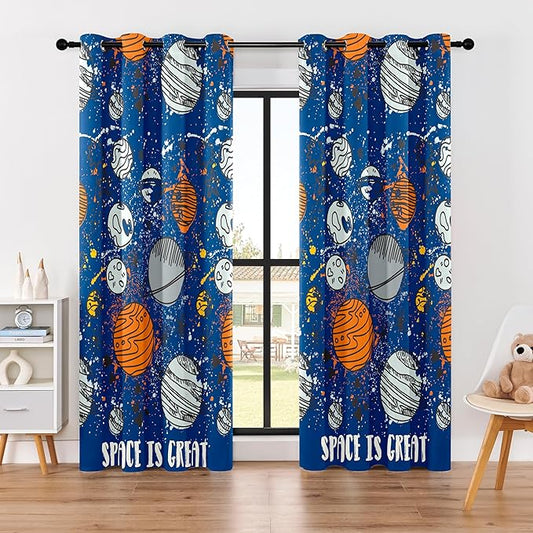 Kids Space Planet Blackout Curtains - 100% Blackout, Thermal Insulated, Noise Reducing, Perfect for Kids Room and Nursery, 2 Panels (Space-is-Great, W52×L84)