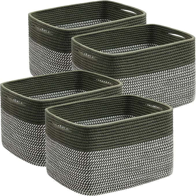 UBBCARE 4 Pack Baskets for Organizing, Woven Storage Baskets for Toys and Towel, Rectangle Cotton Rope Basket with Handles, 15''L x10''W x9''H, Mixed Green