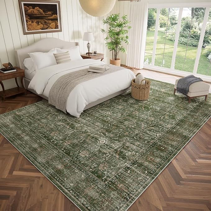 Washable 9x12 Area Rugs for Living Room, Boho Non-Slip Silicone Backing Rugs for Bedroom Dining Room Nursery Office, 0.3" Neutral Oriental Throw Carpet with 0.16" Cushioning Pad, Grass Green/Multi
