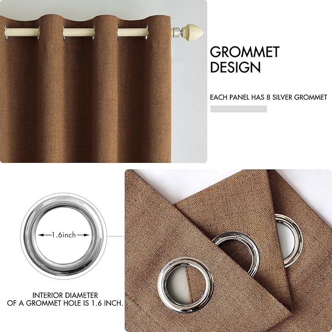 MIULEE Linen Curtains for Bedroom 100% Blackout Thermal Insulated Brown Grommet Room Darkening Curtains & Drapes Fall Decor for Living Room Nursery 52 x 54 Inch (2 Panels)