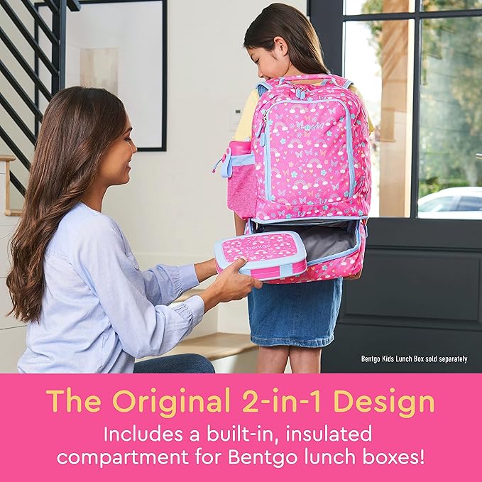 Bentgo Kids 2-in-1 Backpack & Insulated Lunch Bag - Durable 16” Backpack & Lunch Container in Unique Prints for School & Travel - Water Resistant, Padded & Large Compartments (Rainbows & Butterflies)