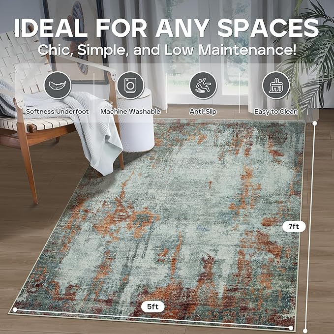 5x7 Area Rugs for Living Room Rug Washable: Modern Rug for Dining Room Bedroom Carpet Non Slip Low Pile 5 by 7 Indoor Abstract Nursery Home Office Red Brown