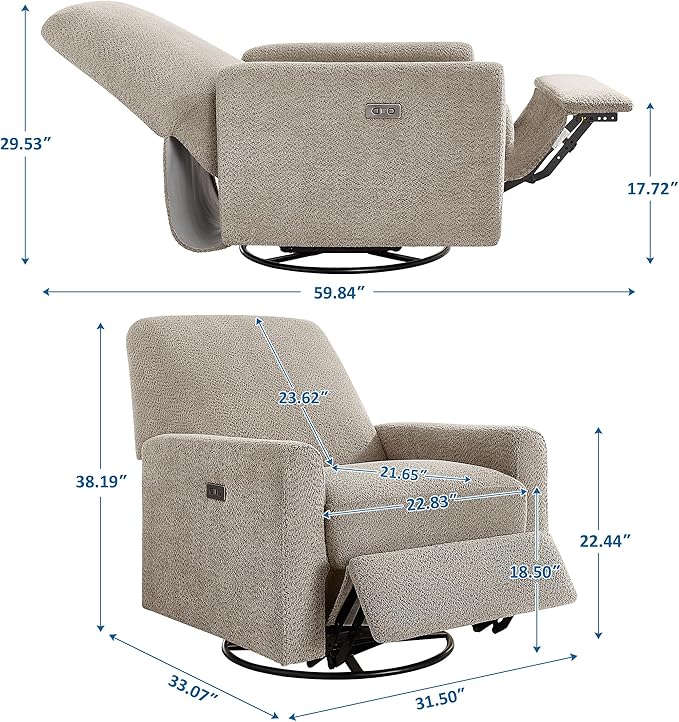 Power Swivel Glider Recliner Chair, Electric Nursery Rocker Recliner Chair, USB & Type-C Charger, Warm Camel Boucle