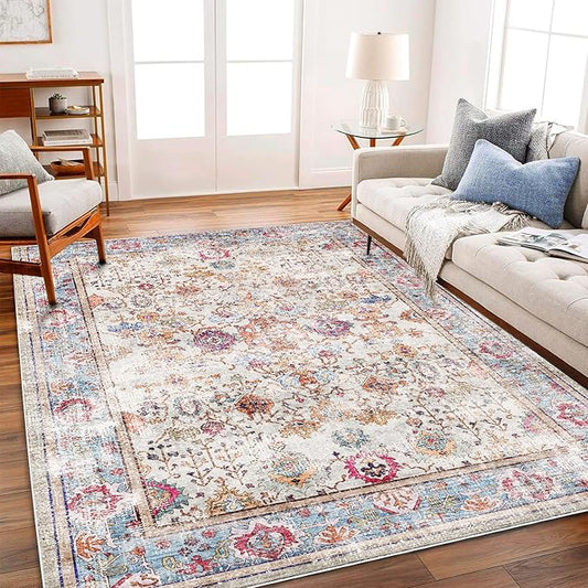 Washable Area Rug 8'x10' Vintage Traditional Mat Distressed Indoor Foldable Accent Thin Rug Retro Floral Non Slip Carpet Living Room Dining Room Office