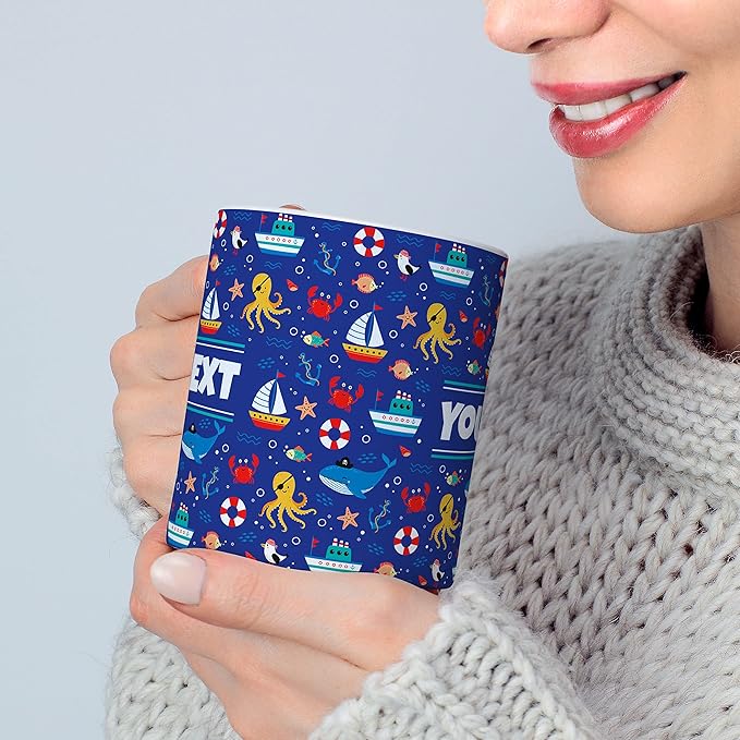 Personalized Mug for Kids - Nautical - Custom Name/Text, Ceramic Hot Chocolate/Cocoa/Coffee Cup for Boys/Girls, Birthday/Christmas/Holiday Gift - 15 oz, White Handle
