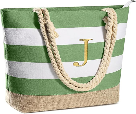 YOOLIFE Initial Canvas Waterproof Beach Tote Bag Zipper Personalized Gifts for Women Her Birthday Travel Beach Essential