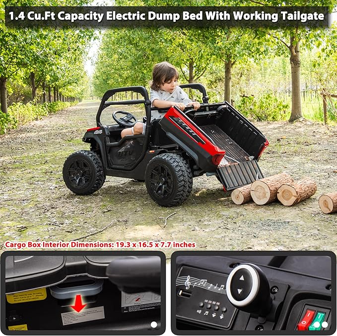 sopbost 24V 10Ah Ride On Toys for Big Kids to Drive 2 Seater Ride On Car with Remote Control Battery Powered Side by Side UTV with Large Dump Bed, 4x75W Motors, Red & Black