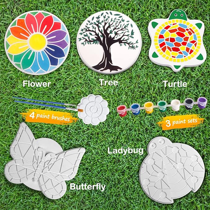 Weilim Paint Your Own Stepping Stones 5-Pack for Kids, Boys & Girls Ages 3-12, Butterfly, Turtle, Flower, Tree & Ladybug DIY Outdoor Garden Art & Craft Ceramic Painting Set