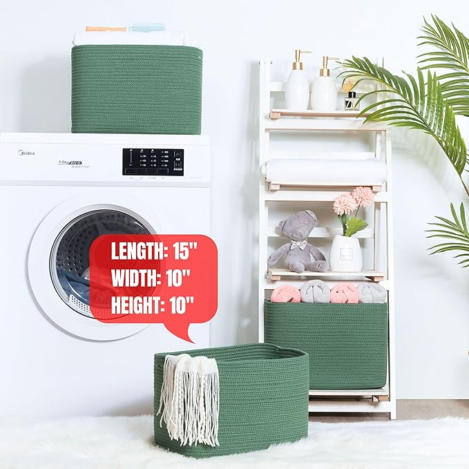 MINTWOOD Design 3-Pack Decorative Woven Storage Baskets for Shelves, Cube Bin Box for Organizing Books, Shoes, Dog Toys, Pantry Closet and Living Room Organizer, Forest Green