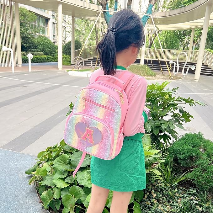 I IHAYNER Kids Glitter Lightweight Backpack for School Travel & Daycare, Toddler Backpack for Girls 3+ Preschool Kindergarten Elementary Kids Backpack-Rainbow Pink L