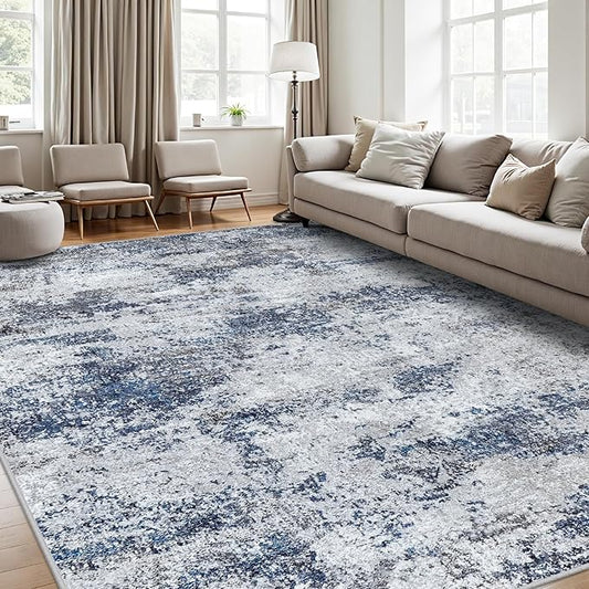 Area Rugs 8x10 Living Room Rugs: Modern Abstract Washable Rug with Non-Slip Backing, Stain Resistant Indoor Floor Large Carpet for Bedroom Dining Room Table Nursery Hallway Home Office Blue/Gray/Black