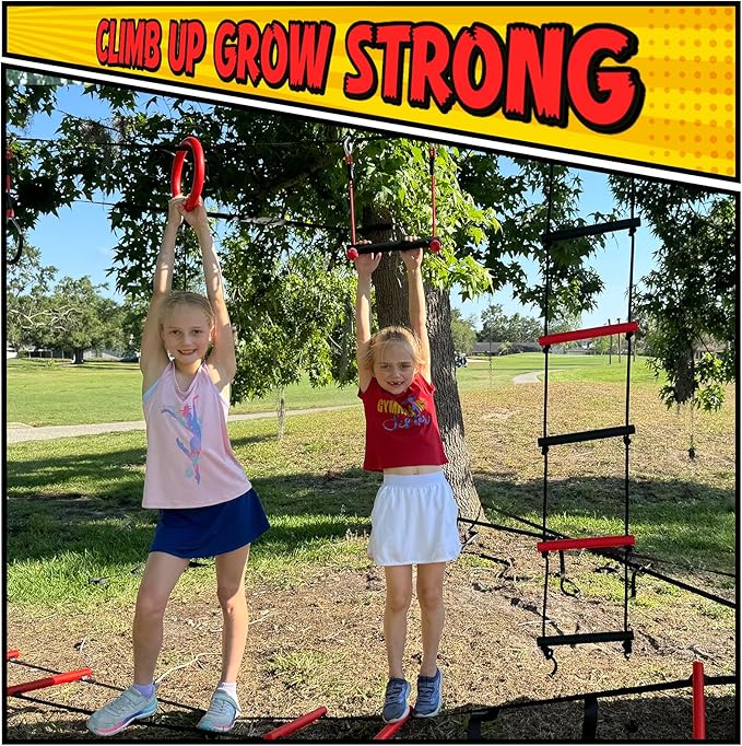 Hapfan Ninja Warrior Obstacle Course for Kids with Rickety Bridge, 50 FT Slackline Kit with Weather-Proof Obstacles, Outdoor Jungle Gym Climbing Toys for Backyard
