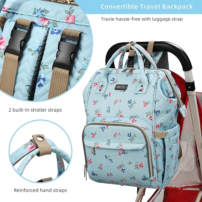 Diaper Bag Backpack for Women, Baby Bags for Girls,Diaper Bag with Changing Pad, and Insulated Pockets-Blue Flowers
