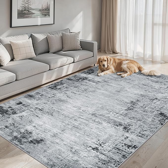 Area Rugs 10x12 Living Room - Washable Rug Modern Abstract Soft Large Neutral Non-Slip Carpet Indoor Floor Thin Carpets for Bedroom Dining Room Farmhouse Nursery Home Office Black