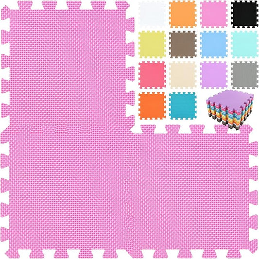 qqpp EVA Rubber 18 Tiles Interlocking Puzzle Foam Floor Mats - Baby Play Mat for Playing | Exercise Mat for Home Workout. Pink. QC-Cb18N