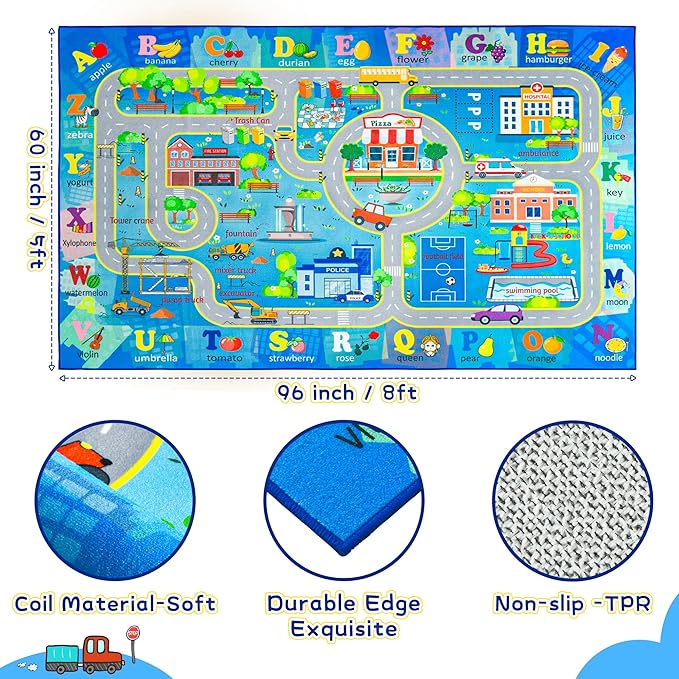 Chicrug 5x8 Car Road Area Rug for Kids Playroom Bedroom, Non Slip Low Pile Washable ABC Alphabet Carpet for Classroom, City Track Play Mat for Toddler Children Nursery Baby Room Decor, Blue