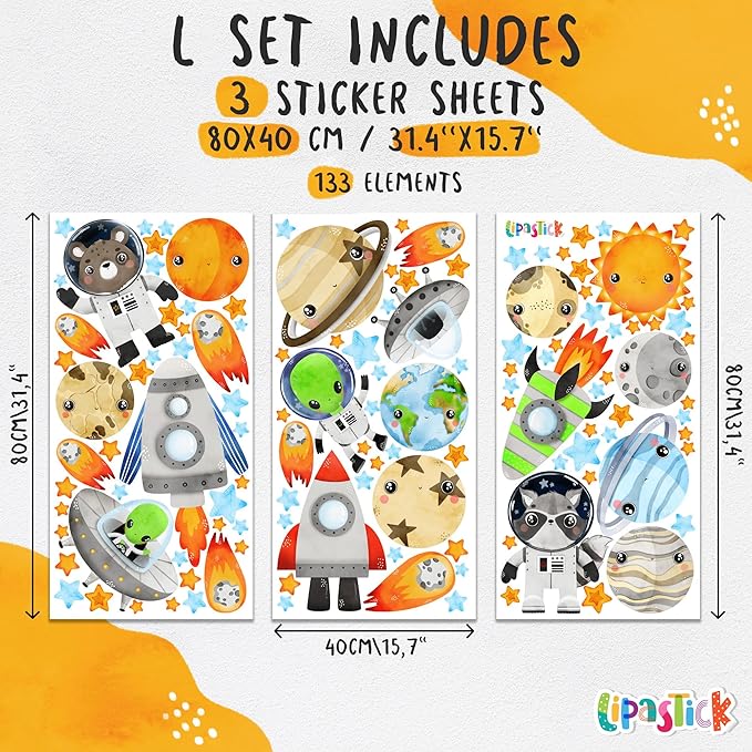 Solar System Wall Decals Astronaut Animals - Peel and Stick Outer Space Stickers with Planets and Stars for Kids Room, Boys or Girls Bedroom, Toddler Nursery, Playroom, Daycare Wall Decor -L Size