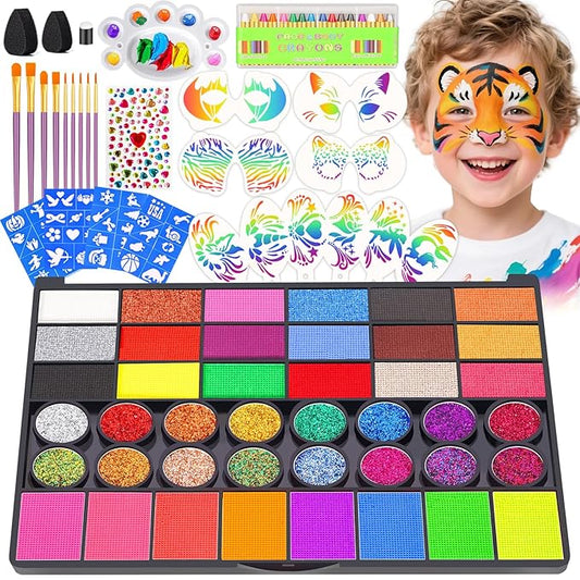 Face Painting Kit for Kids - 42 Colors Washable Face Paint Professional Face Paint Kit, with Brushes, Stencils, Palette, Gems, Crayon, Non-Toxic Body Makeup for Kids Halloween, Party, Birthday