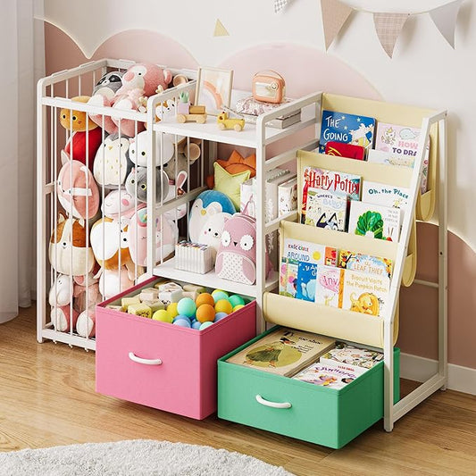 Kids Bookshelf and Toy Storage, Large 3 Tier Book Shelf for Kids Rooms, Sling Baby Bookcase with Stuffed Animal Storage, Toddler Montessori Bookshelf for Nursery, Playroom, Kindergarten