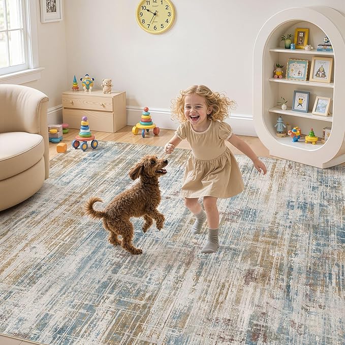 Area Rug for Living Room: 6x9 Washable Neutral Abstract Modern Soft Rugs Non Slip Indoor Floor Stain Resistant Large Carpet for Bedroom Dining Room Office Nursery - Blue Brown