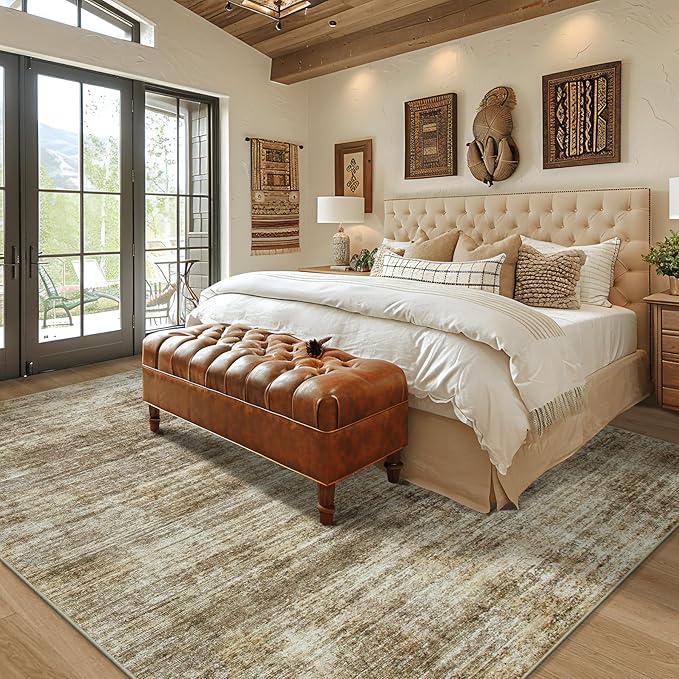 Area Rug 9x12 Washable Rugs: Abstract Large Living Room Rugs with Non-Slip Backing, Thin Carpet for Dining Room Table Bedroom Nursery Indoor Home Office-Brown