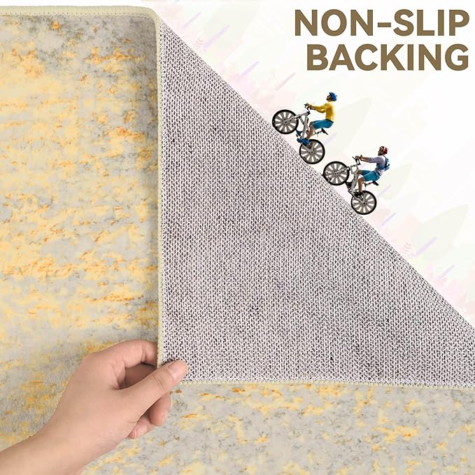 Nursery Rug for Baby Girl, 5x7 Gold Washable Rugs for Living Room Bedroom Dorm Non Slip, Stain Resistant Neutral Carpet Low Pile for Classroom, Dining Room, Kids Playroom