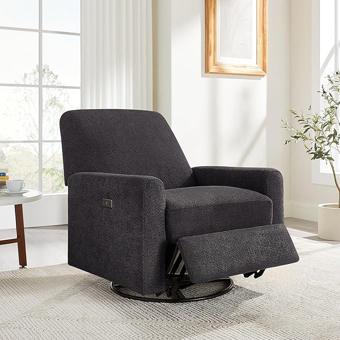 Power Swivel Glider Recliner Chair, Electric Nursery Rocker Recliner Chair, USB & Type-C Charger, Charcoal Gray Boucle
