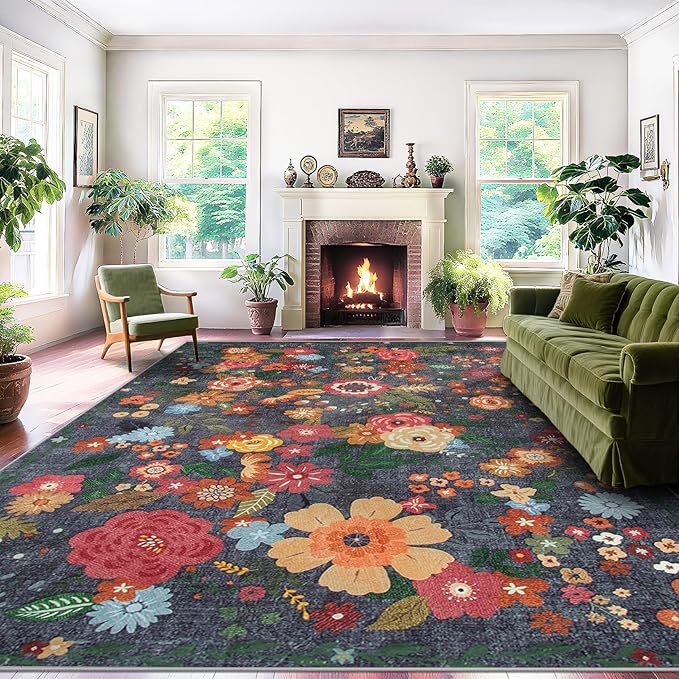 8x10 Area Rug for Living Room: Vintage Floral Washable Rug Soft Boho Non Slip Carpet Large Indoor Floor Non Shedding Low Pile Thin Carpets for Bedroom Dining Room Farmhouse Nursery Home Office Black