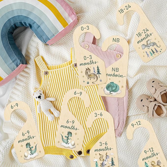R HORSE Wooden Baby Closet Dividers - 8Pcs Dragon Baby Closet Organizer, Double-Sided Newborn Clothes Size Hanger Dividers, Nursery Decor Birthday Gift for Boy Girl (0-24 Months)