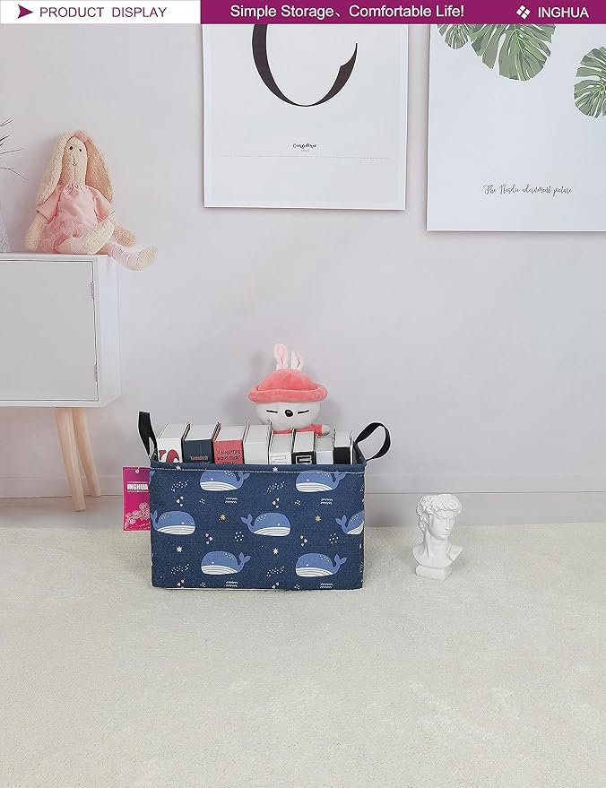 Rectangular Storage Basket Fabric Organizer Bin for Toys,Books,Clothes,Gifts,Pets-Perfect for Home,Office,Nursery,Dorm,Shelf(Rec-Blue Whale )