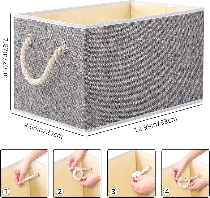 Yawinhe Foldable Storage Basket 5-Pack, Large Fabric Bins with Rope Handle, Used for Organizing Shelves, Closets, Clothes, 12.99''Lx9.05''Wx7.87''H, Grey