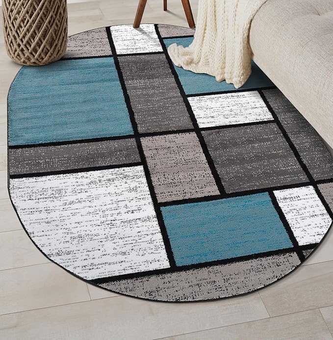 Rugshop Contemporary Modern Boxes for Home Office,Living Room,Bedroom,Kitchen Non Shedding Oval Area Rug 5' x 7' Blue