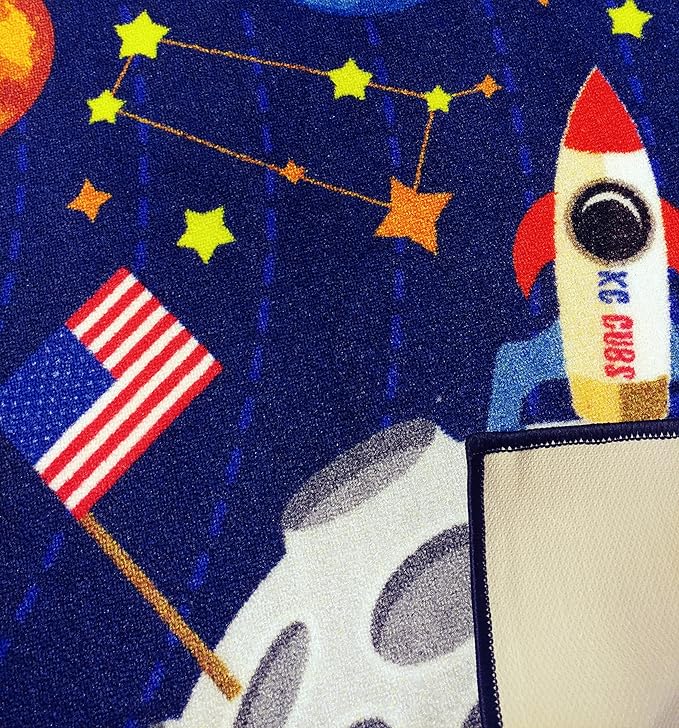 KC Cubs 5x7 Outer Space Solar System Toy Car Road Rug – Educational Play Mat Carpet for Kids, Toddlers, Nursery, Classroom, Playroom, Baby Daycare