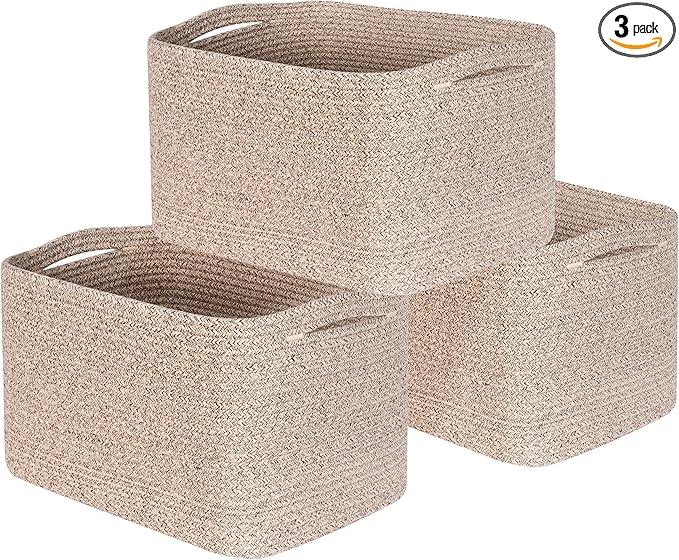 MINTWOOD Design 3-Pack Decorative Woven Storage Baskets for Shelves, Cube Bin Box for Organizing Books, Shoes, Dog Toys, Pantry Closet and Living Room Organizer, Oatmeal Brown