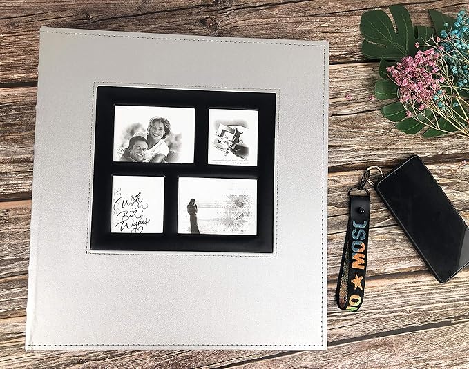 RECUTMS Photo Album 4x6 Holds 500 Photos Black Pages Large Capacity Leather Cover Wedding Family Baby Photo Albums Book Horizontal and Vertical Photos (Silver)