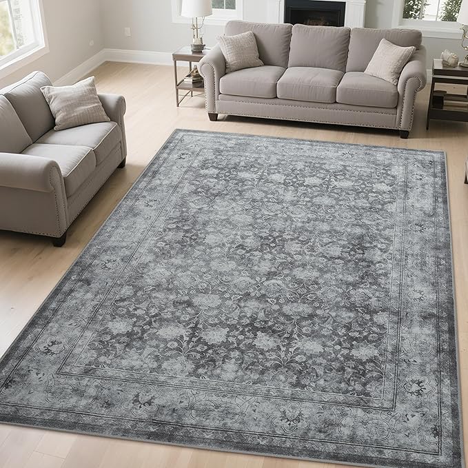 Large 8x10 Washable Area Rug for Living Room, Non Slip Vintage Traditional Rugs for Bedroom, Indoor Thin Accent Floral Nursery Carpet for Dining Room, Farmhouse (Distressed Grey)