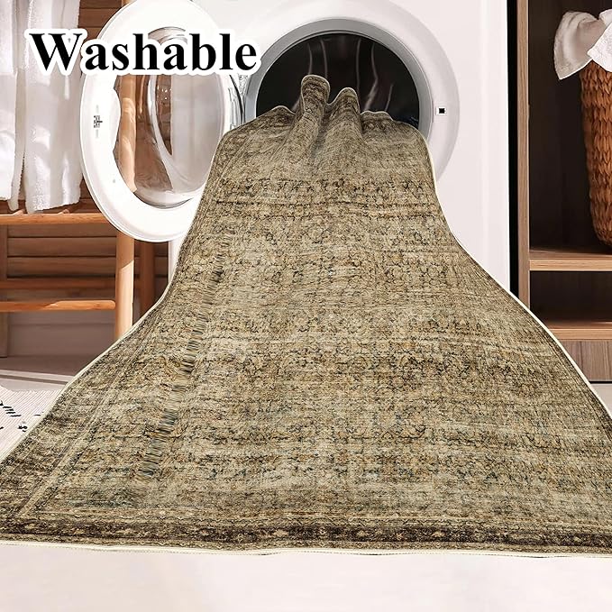 Area Rug 6x9 Washable Rug Dark Brown Vintage Traditional Distressed Thin Retro Kitchen Indoor Floor Cover Non Slip Carpet Floral Print Mat Living Room Bedroom Dining Room