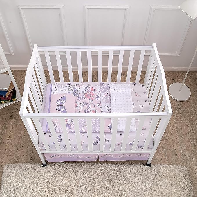 La Premura Baby Mini Crib Bedding Set for Girls, Pastel Purple Butterfly, 3 Piece Crib Set for Nursery Portable Crib, Purple and Pink